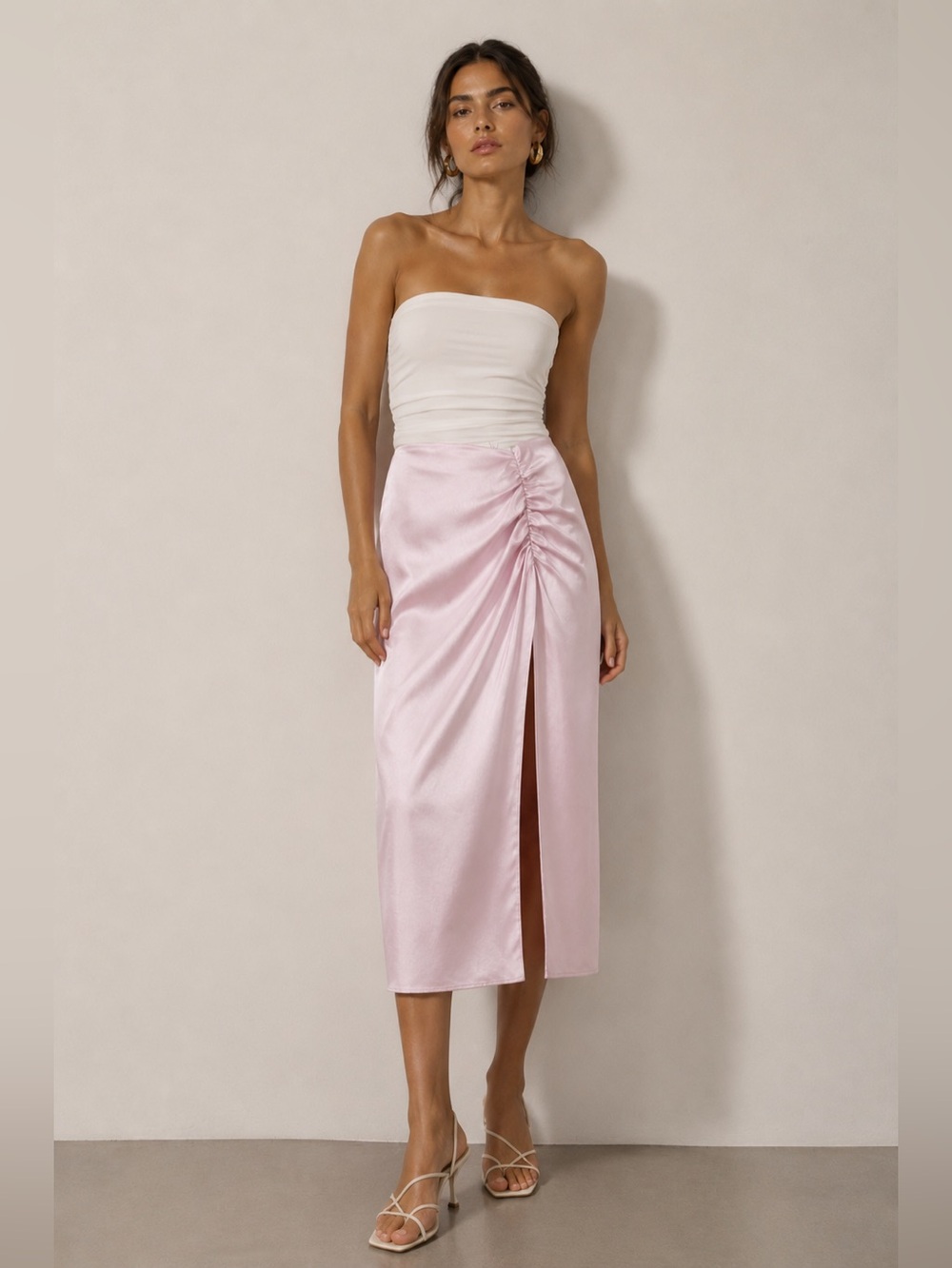 Zara satin soft pink scrunched side slit skirt